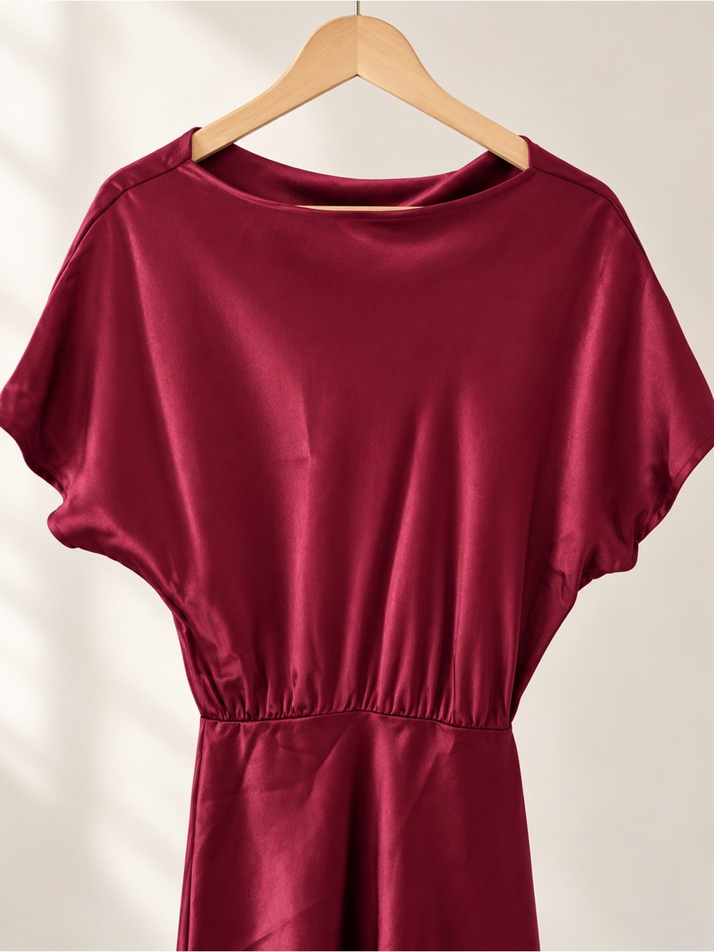 Burgundy Satin Blouson Maxi Dress Side Slit Size S Made in USA - Picture 4 of 11